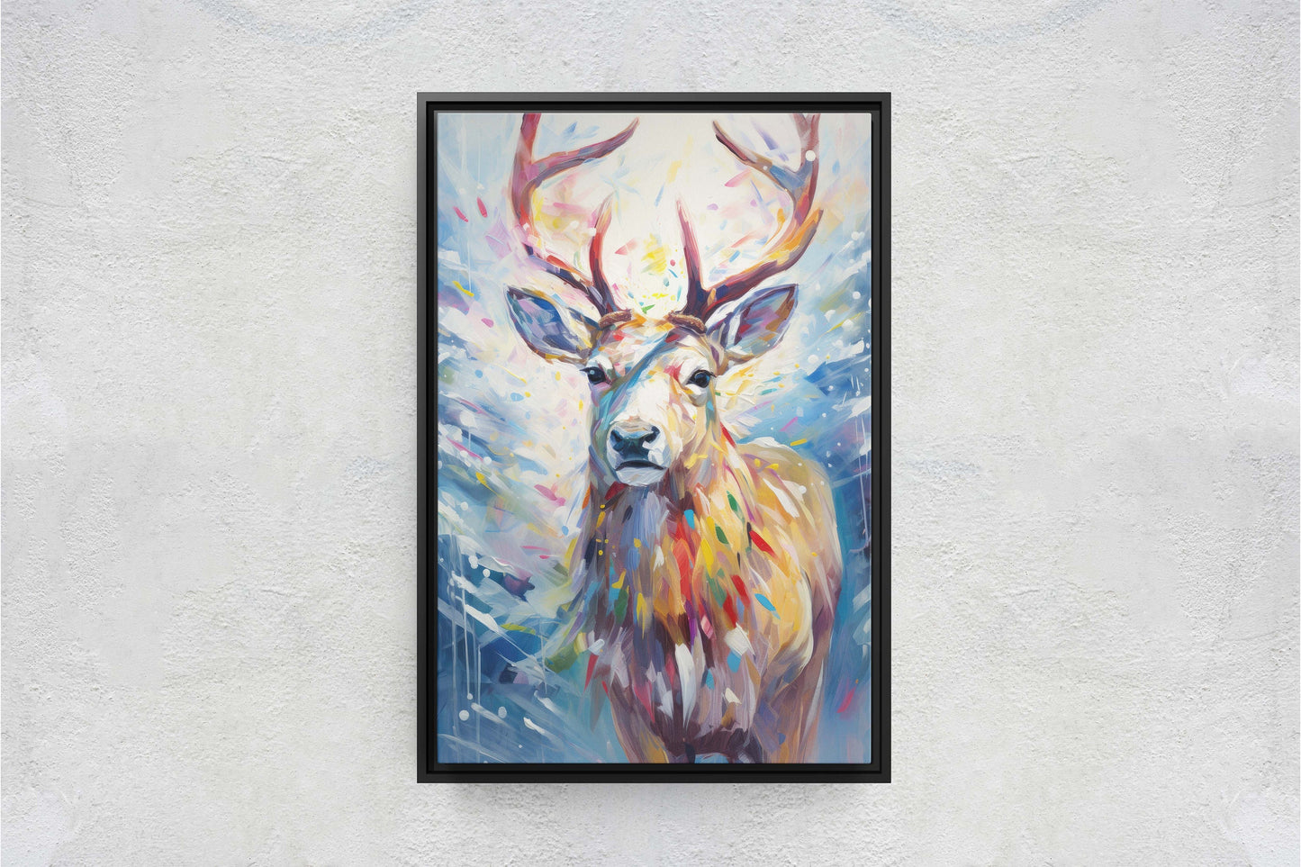 Reindeer Painting, Colorful Reindeer, Christmas Decor, Winter Art, Framed Canvas, Xmas Art, Festive Painting, Christmas Print