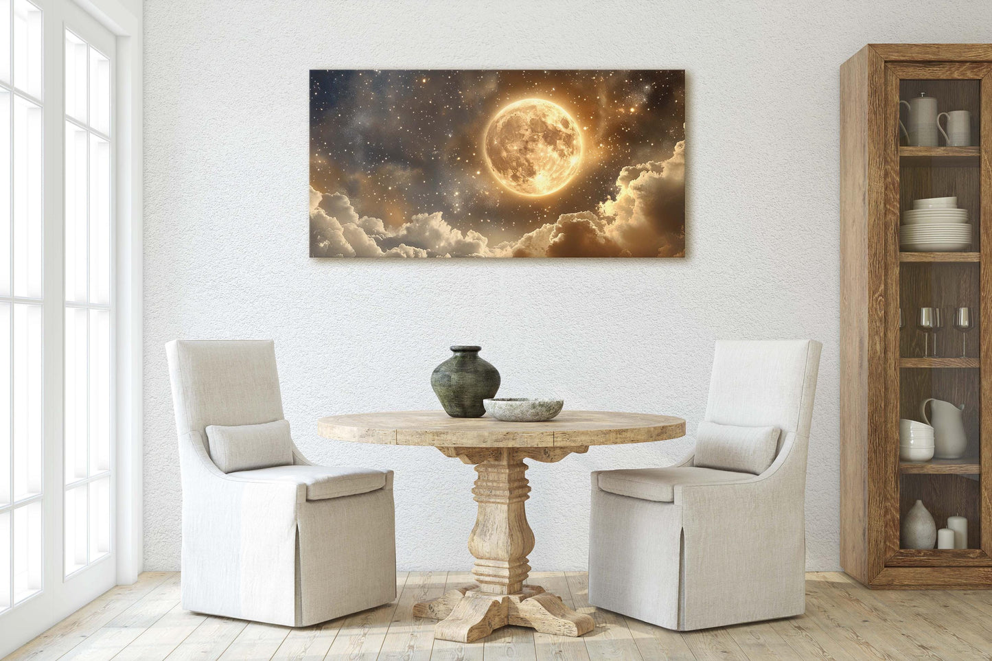 Full Moon Vintage ,Cloudy Moon Sky, Moon Painting, Moon and Stars