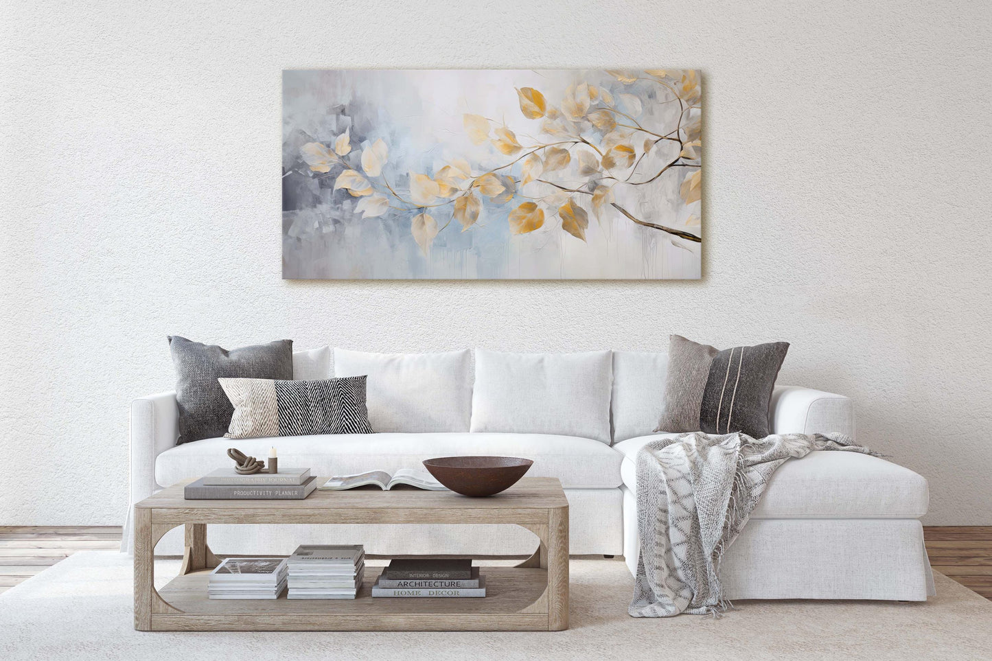 Golden Branches Leaves, Canvas print, Neutral Tones, Floral Art Painting, Contemporary Canvas, Neutral Color, Gray and Gold, Blue Tones
