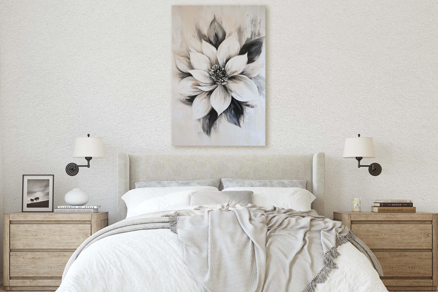 Black And White Flower, Flower Painting, Neutral Tones, Black White