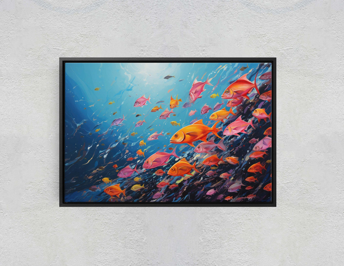 Fish School Painting, Canvas Wall Art, Abstract Blue Sea Painting, Boho Wall Décor, Custom Painting, Home Decor,Large Original,Framed Canvas