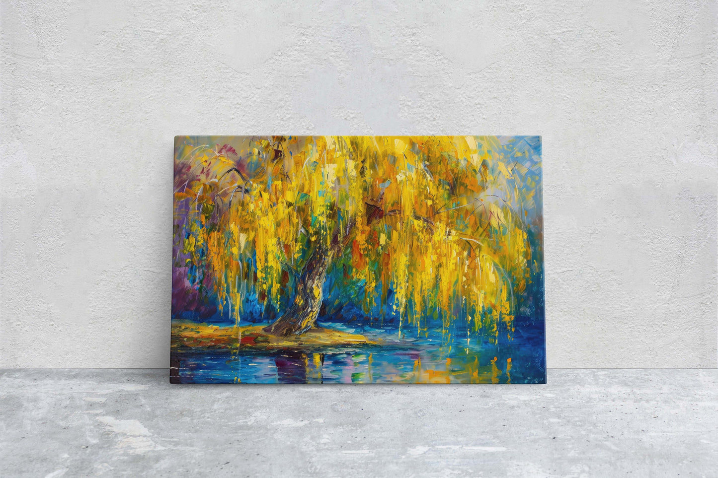 Golden Willow, Weeping Willow, Abstract Modern, Framed Canvas, Large Art Print, Gold and Blue, Tree Painting, Floral Botanical