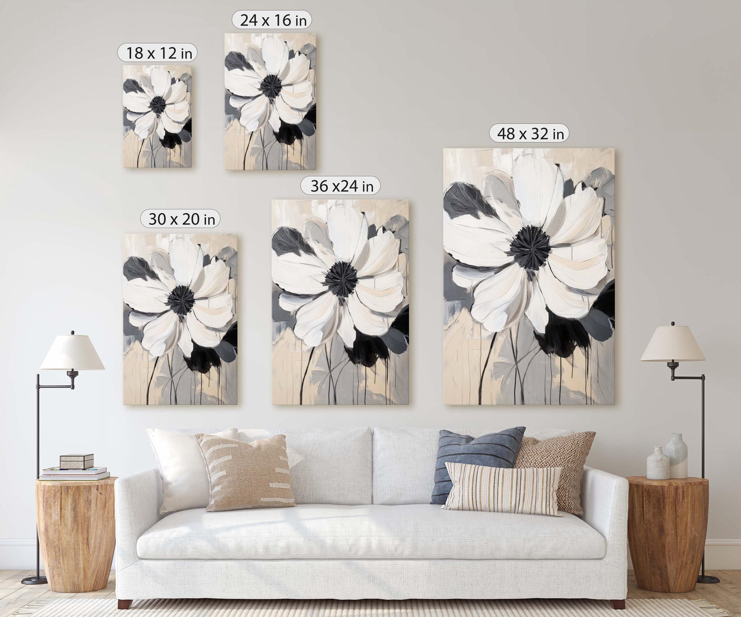 Modern Flower, Contemporary Art, Flower Painting, Black White Beige