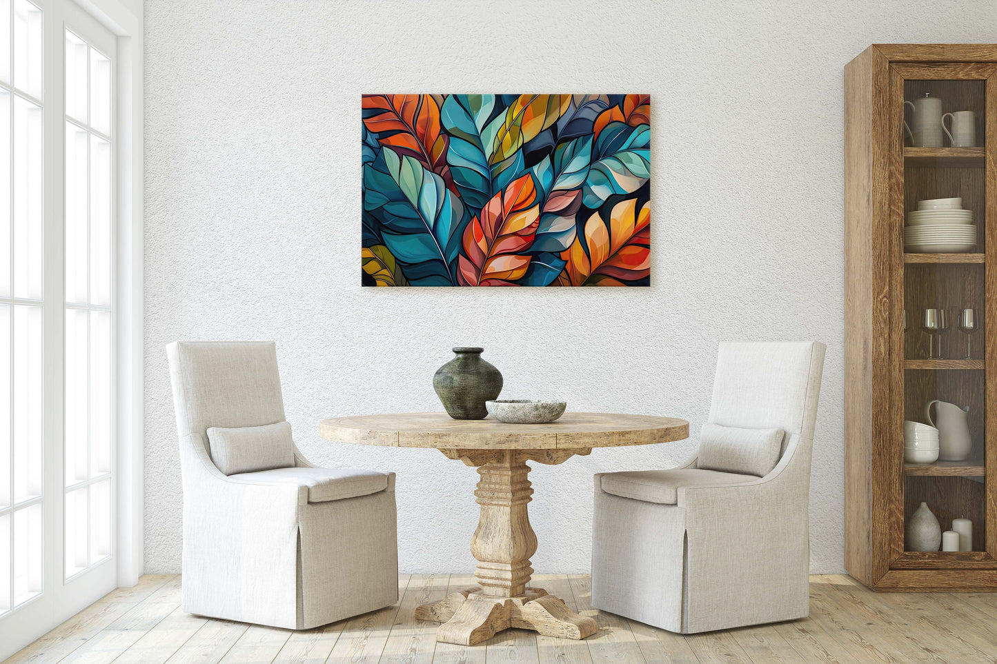 Modern Leaves, Contemporary Colorful, Fall Season, Abstract Symbolist, Framed Canvas, Large Art Print