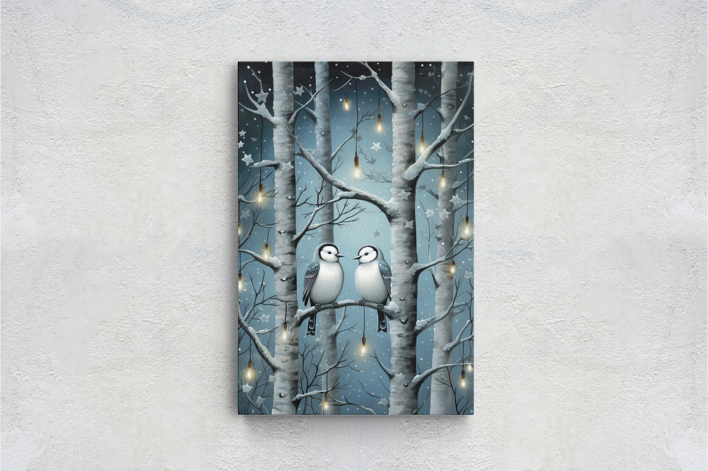 Snow Birds Painting, Winter Bird Tree, Festive Decor, Winter Season, Blue Birds, Tree Lights, Framed Canvas