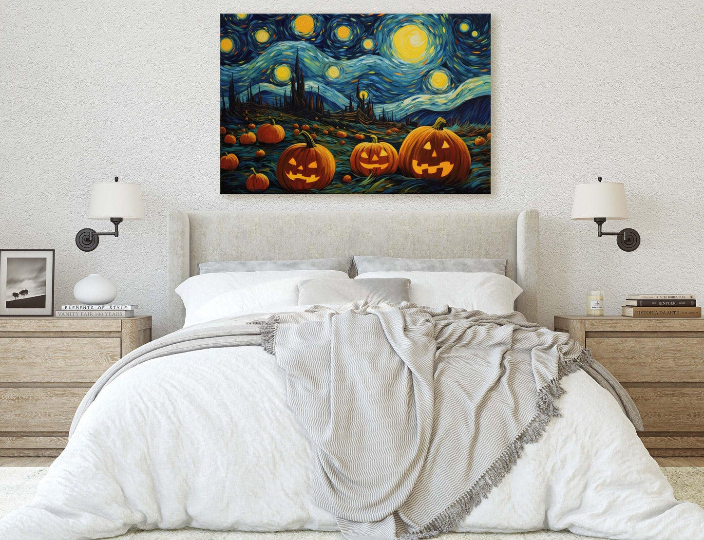 Pumpkin Starry Night on Canvas, Halloween Van Gogh, Jack-O-Lantern, Pumpkin Patch, Framed Canvas, Fun Halloween