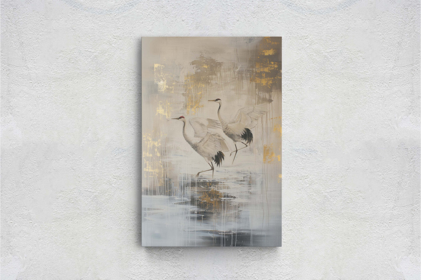 Gold Japanese Cranes, Gold and Beige, Minimalist Art, Heron Decor, Framed Canvas, Japandi Print, Extra Large, Neutral Tones