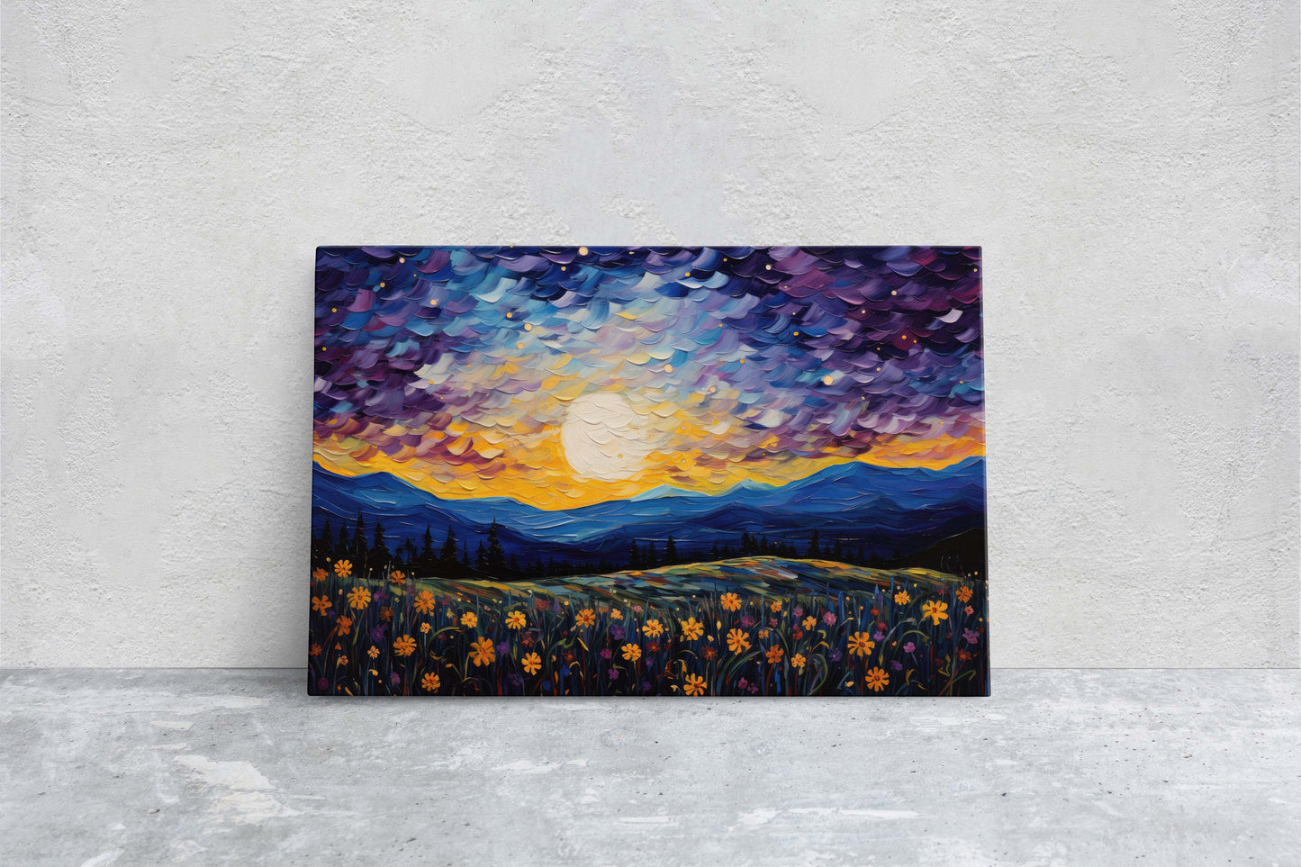 Flowers and Stars, Flower Field Painting, Blues Purples and orange, Moonlit Night, Sunset, Sunrise, Landscape Painting