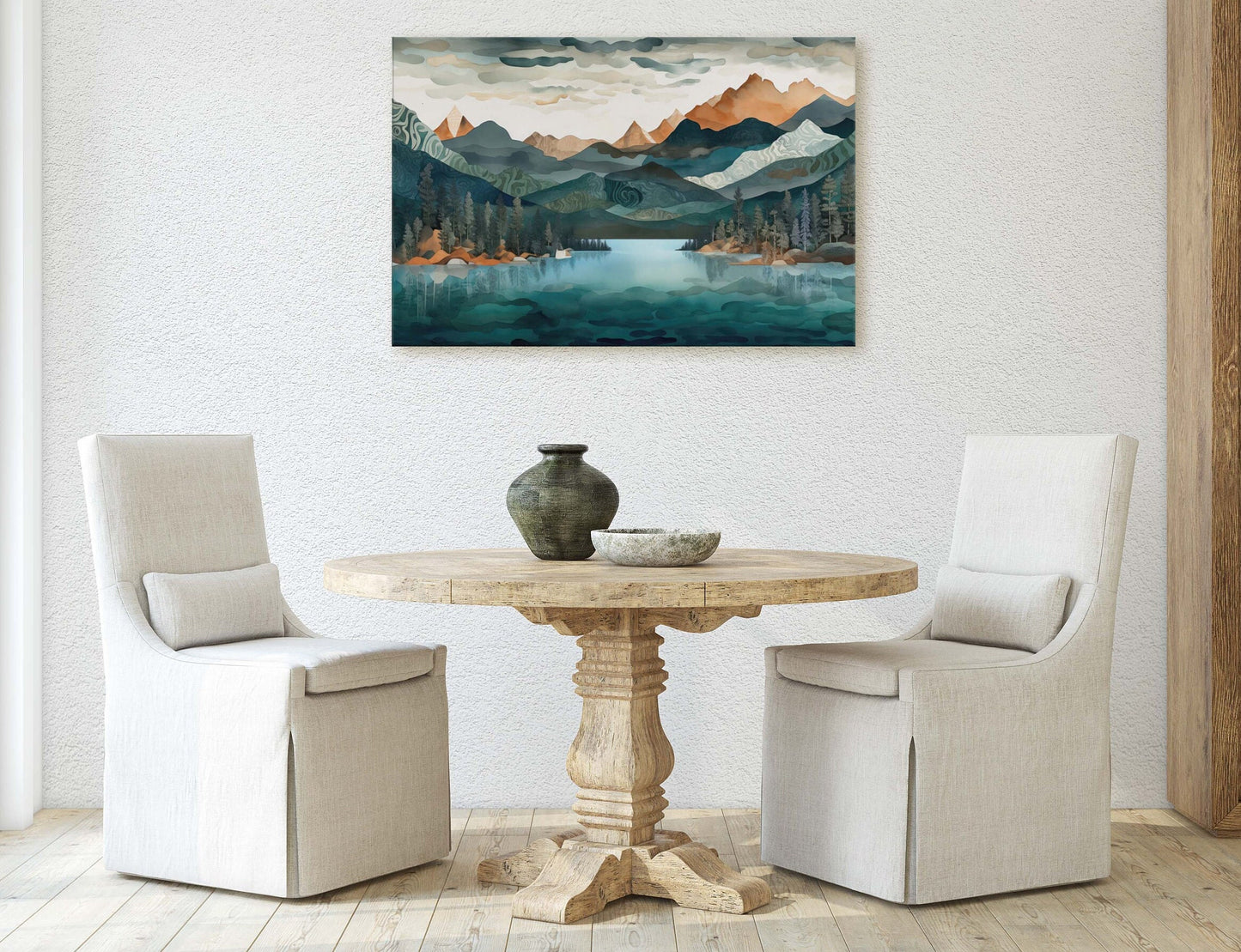 Lakeside Mountains on Canvas, Lake View mountains, Abstract Landscape, Modern Landscape, Neutral Tones, Subtle color, Watercolor Print