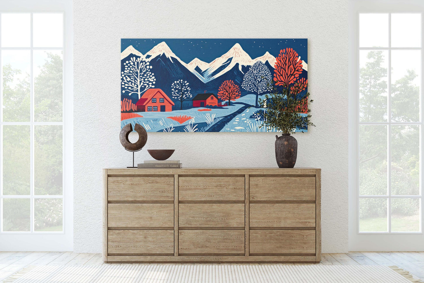 Scandinavian Village, Mountain Village, Mountain Town, Linocut Print