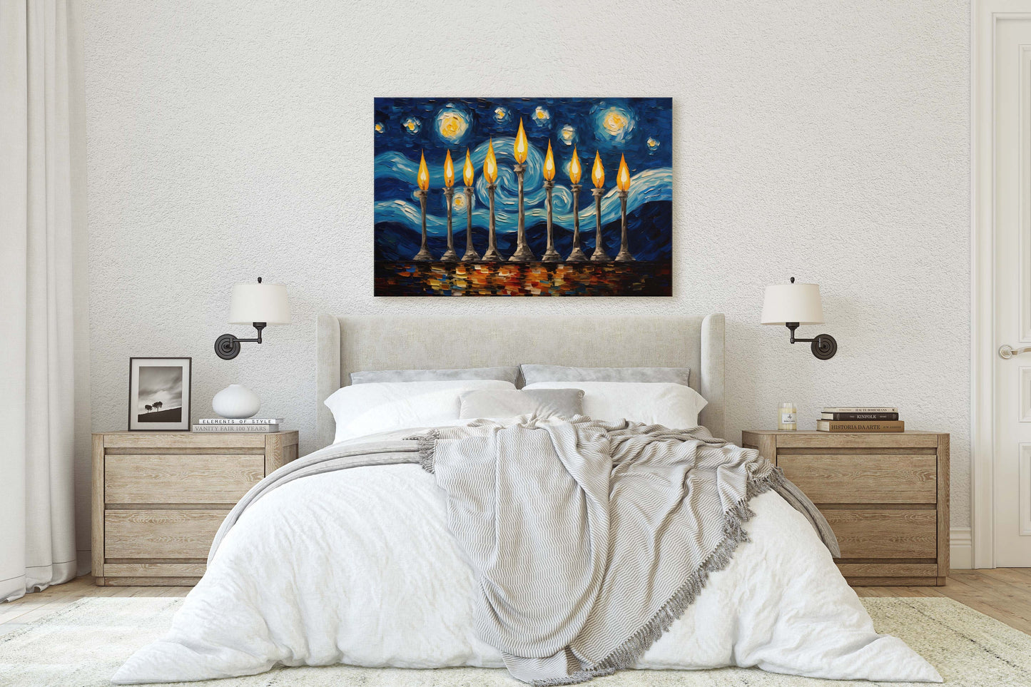 Starry Menorah, Hanukkah Painting, Festive Decor, Winter Season, Jewish Art, Chanukah, Framed Canvas, Jewish Print