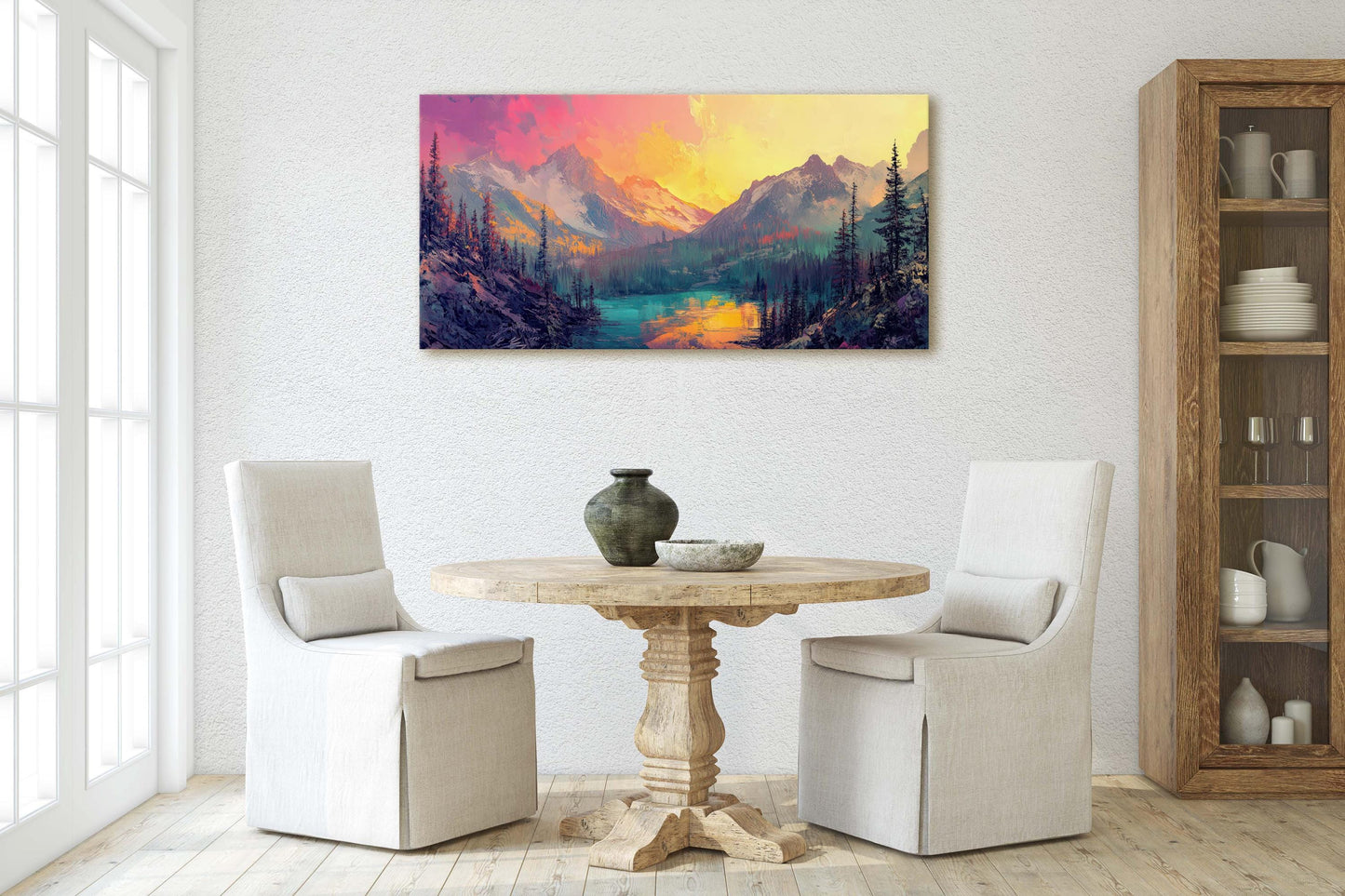 Colorful Mountain Sunrise On Canvas, Smoky Forest, Foggy Mountains, Vibrant Color, Abstract Art
