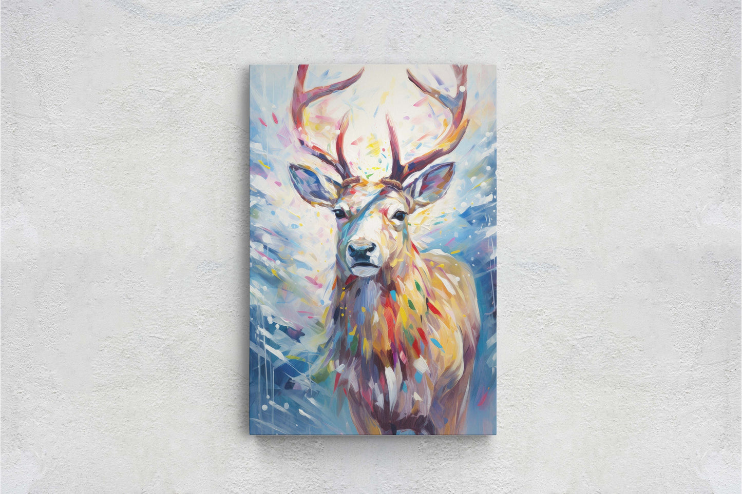 Reindeer Painting, Colorful Reindeer, Christmas Decor, Winter Art, Framed Canvas, Xmas Art, Festive Painting, Christmas Print