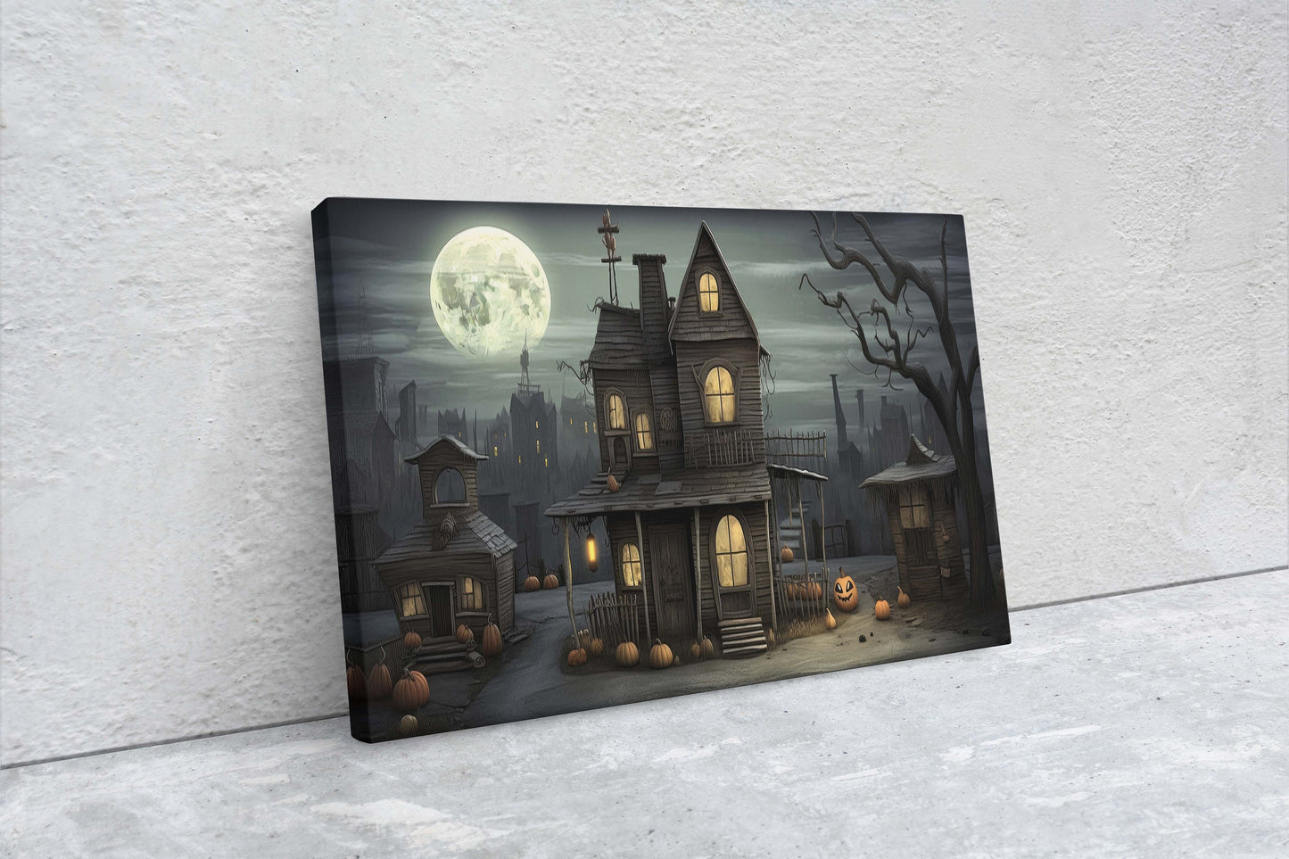 Spooky Mansion, Halloween House, Gothic Home, Scary House, Moonlit Black, Framed Canvas, Creepy cute, Spooky house Art