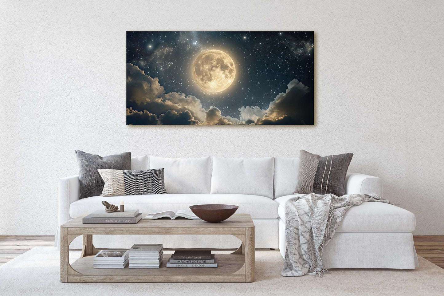 Full Moon Vintage ,Cloudy Moon Sky, Moon Painting, Moon and Stars