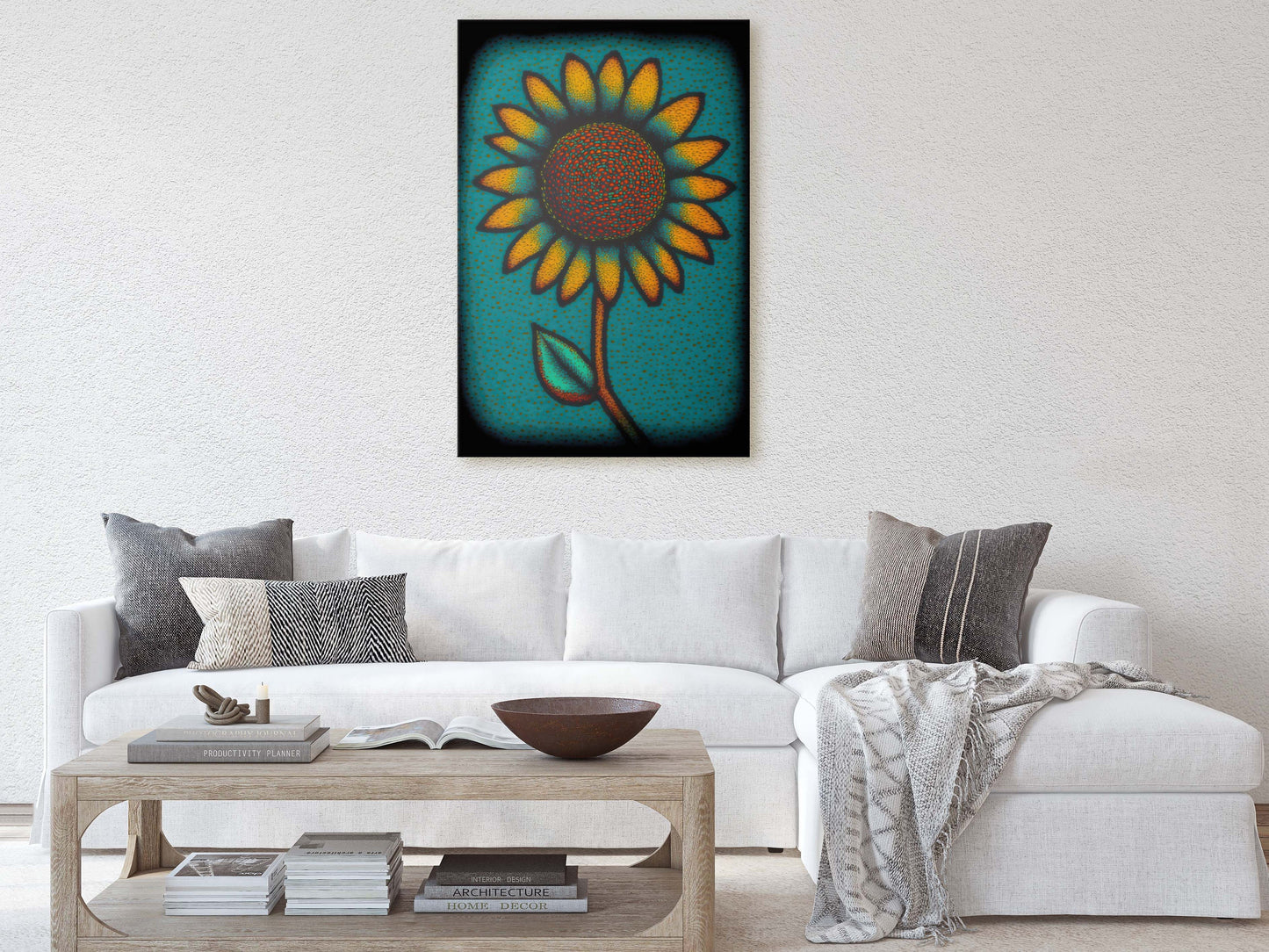 Sunflower, Abstract, Pointillism, Flower Decor, Large Print, Ready To hang, Farmhouse, Farm, Vertical Print, Modern Art, Contemporary