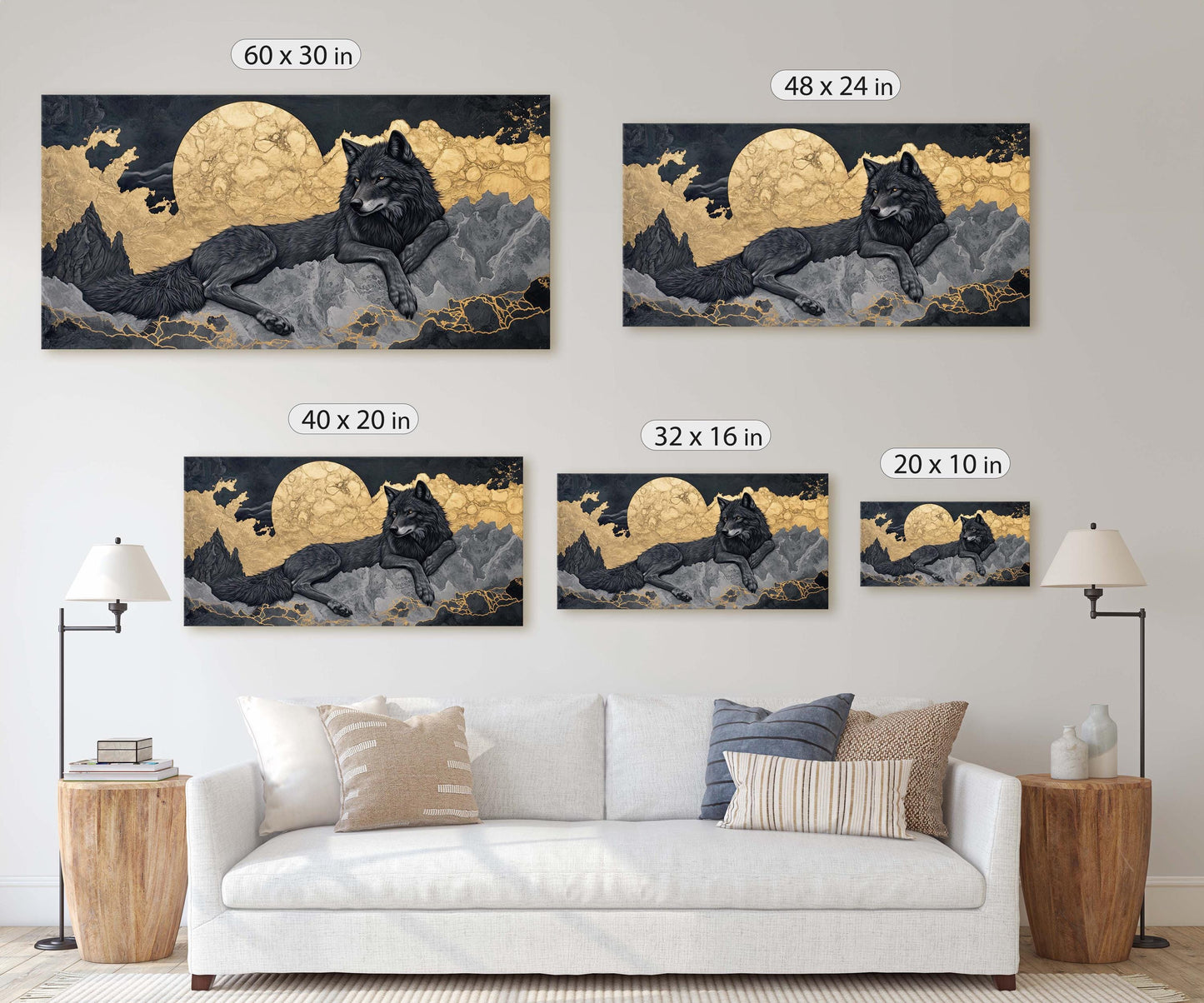 Lone Wolf Contemporary, Black and Gold Wolf, Wolf Moon