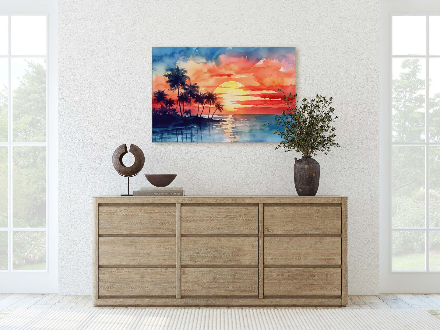 Beach Sunset on Canvas, Tree silhouette, Sunrise Beach, Watercolor, Framed Canvas, Red Orange, Blue