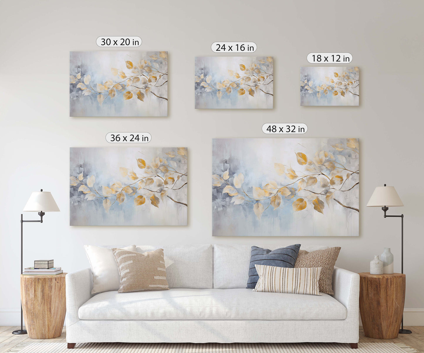 Golden Leaves Rain, Floral Art Painting, Contemporary Canvas, Large Print, Framed Canvas, Neutral Color, Gray and Gold, Blue Tones