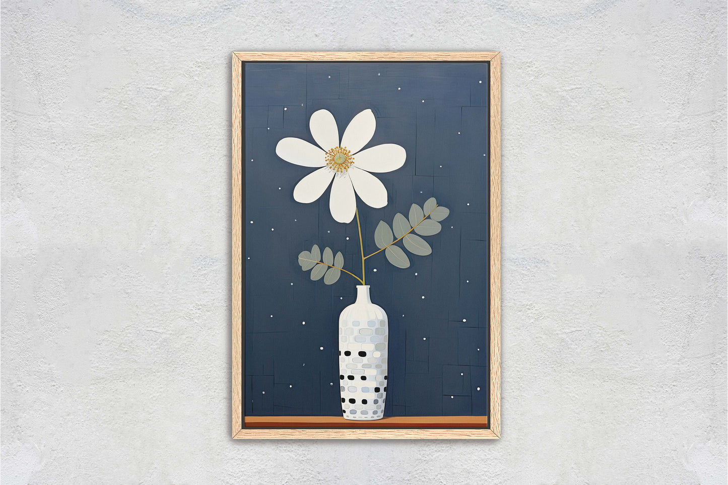 Flower Vase Painting, Contemporary Blue, White Floral Art, Framed Canvas, Large Art Print, Vertical Portrait, Indigo and White, Modern