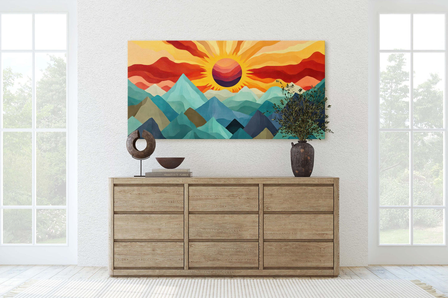 Sunshine Mountain, Canvas Print, Sunset Decor, Flat Art, Vibrant Color, Bold Art, Abstract, Mid Century Modern, Scandinavian Print