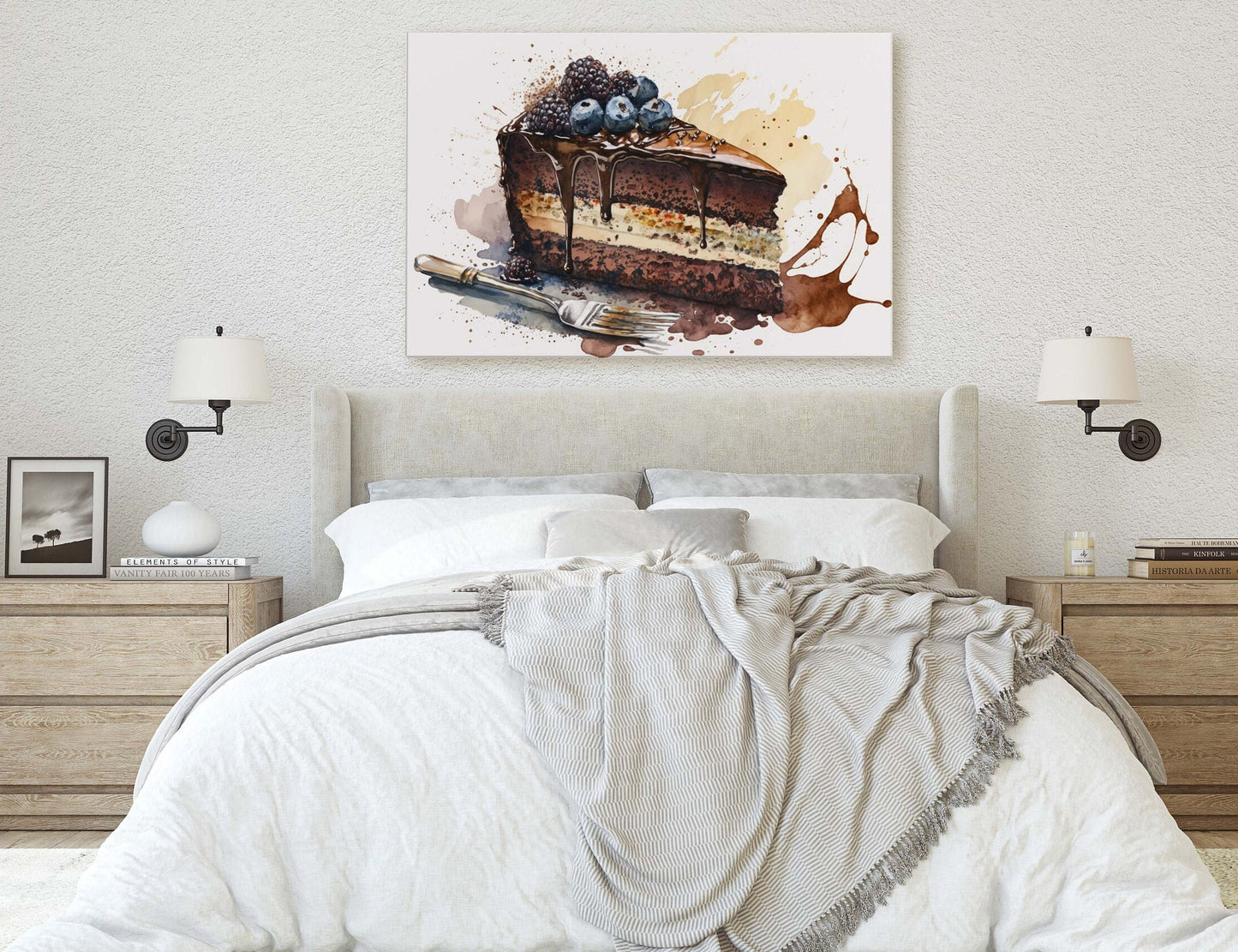 Watercolor Chocolate Cake, Dessert Art, Kitchen Wall Art, Dining Room Art Ready To Hang, Large Print, Restaurant Print, Bakery Decor