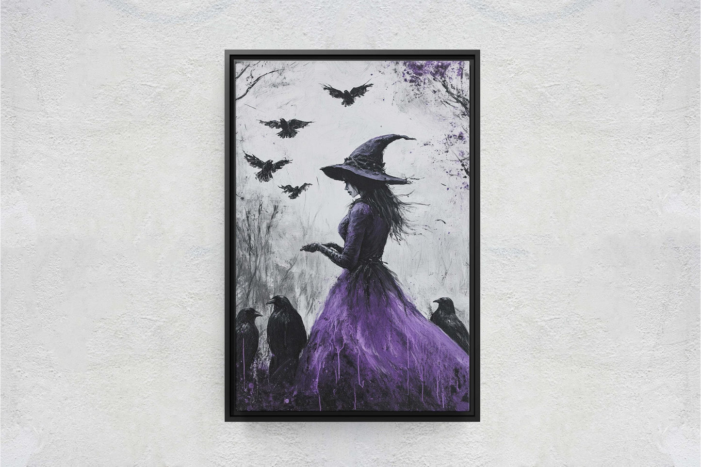 Purple Witch, Raven Art, Canvas Print, Gothic Halloween, Whimsical Decor, Halloween Art,