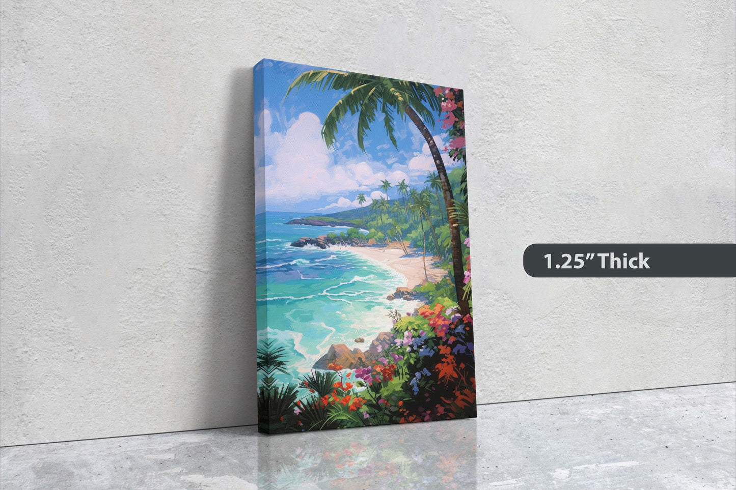 Flower Beach on Canvas, Coastal Painting, Palm Tree, Tropical Island, Framed Canvas, Palm Coast, Green Water, Blue Water
