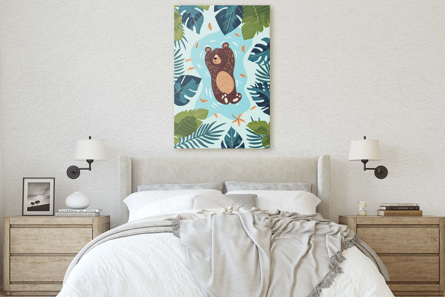 Baby Bear Relaxing, Bear Cub, Swimming Bear, Framed Canvas, Nursery Decor, Childrens Room, Kids Room, Illustration, Forest Art