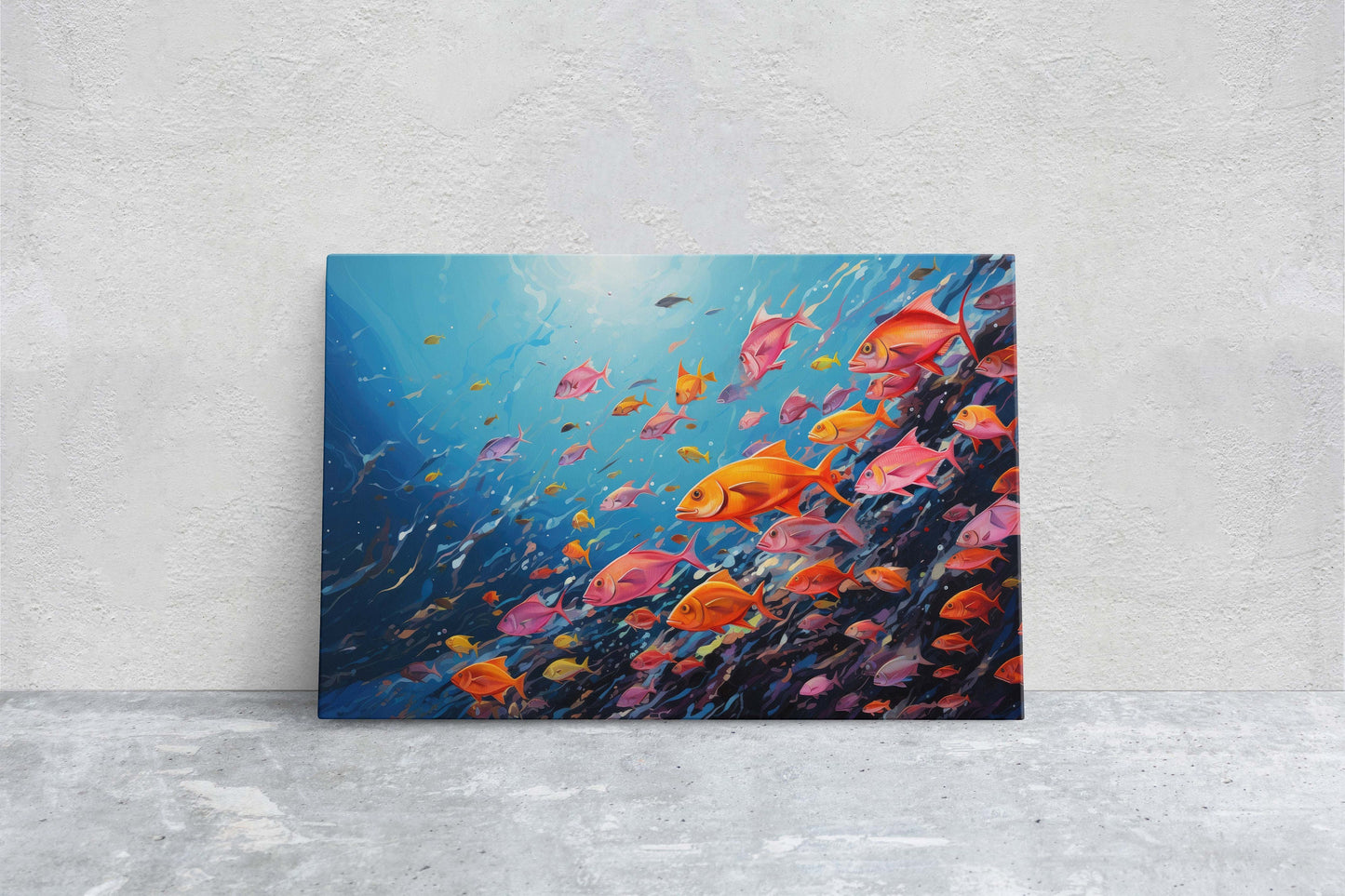 Fish School Painting, Canvas Wall Art, Abstract Blue Sea Painting, Boho Wall Décor, Custom Painting, Home Decor,Large Original,Framed Canvas