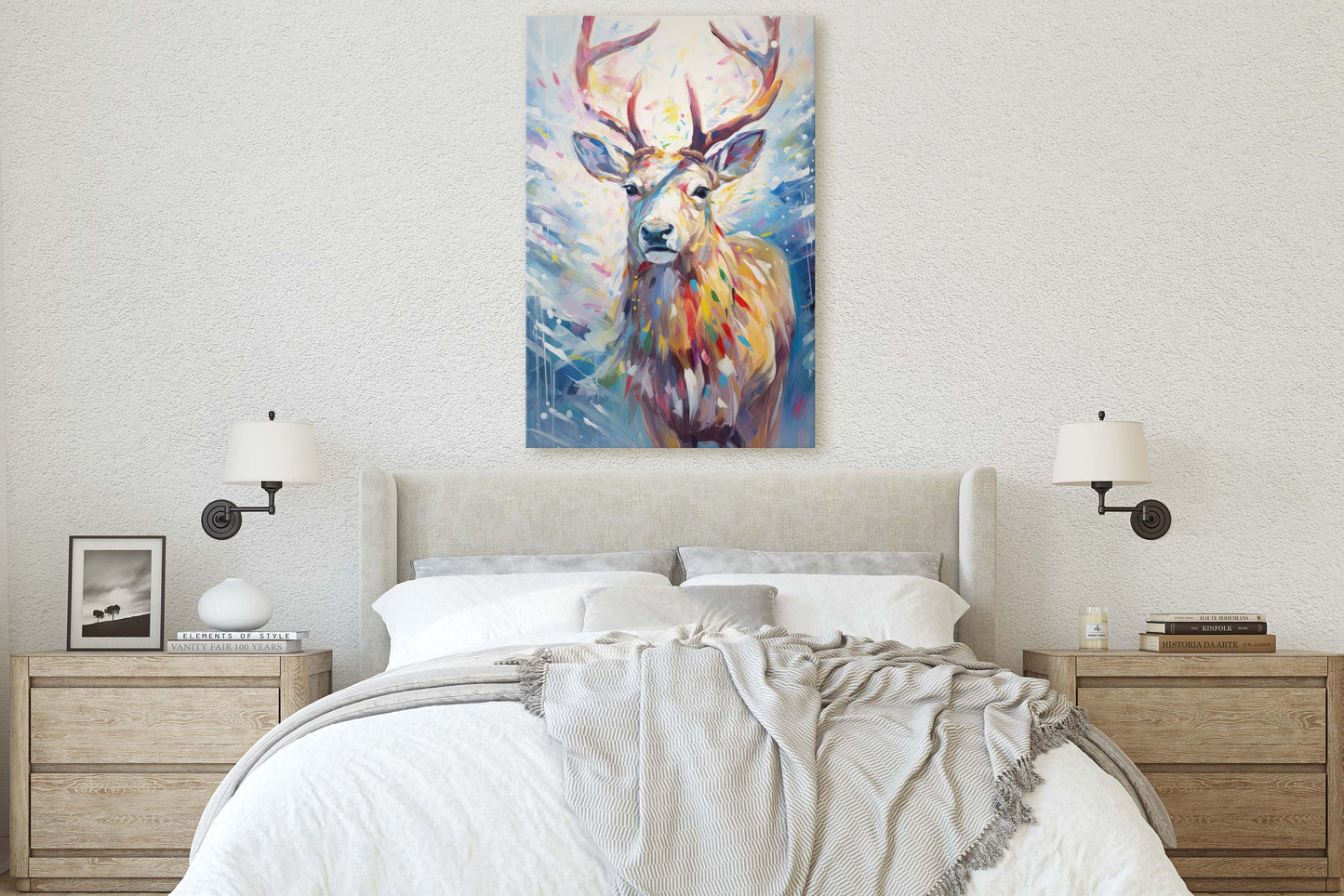 Reindeer Painting, Colorful Reindeer, Christmas Decor, Winter Art, Framed Canvas, Xmas Art, Festive Painting, Christmas Print