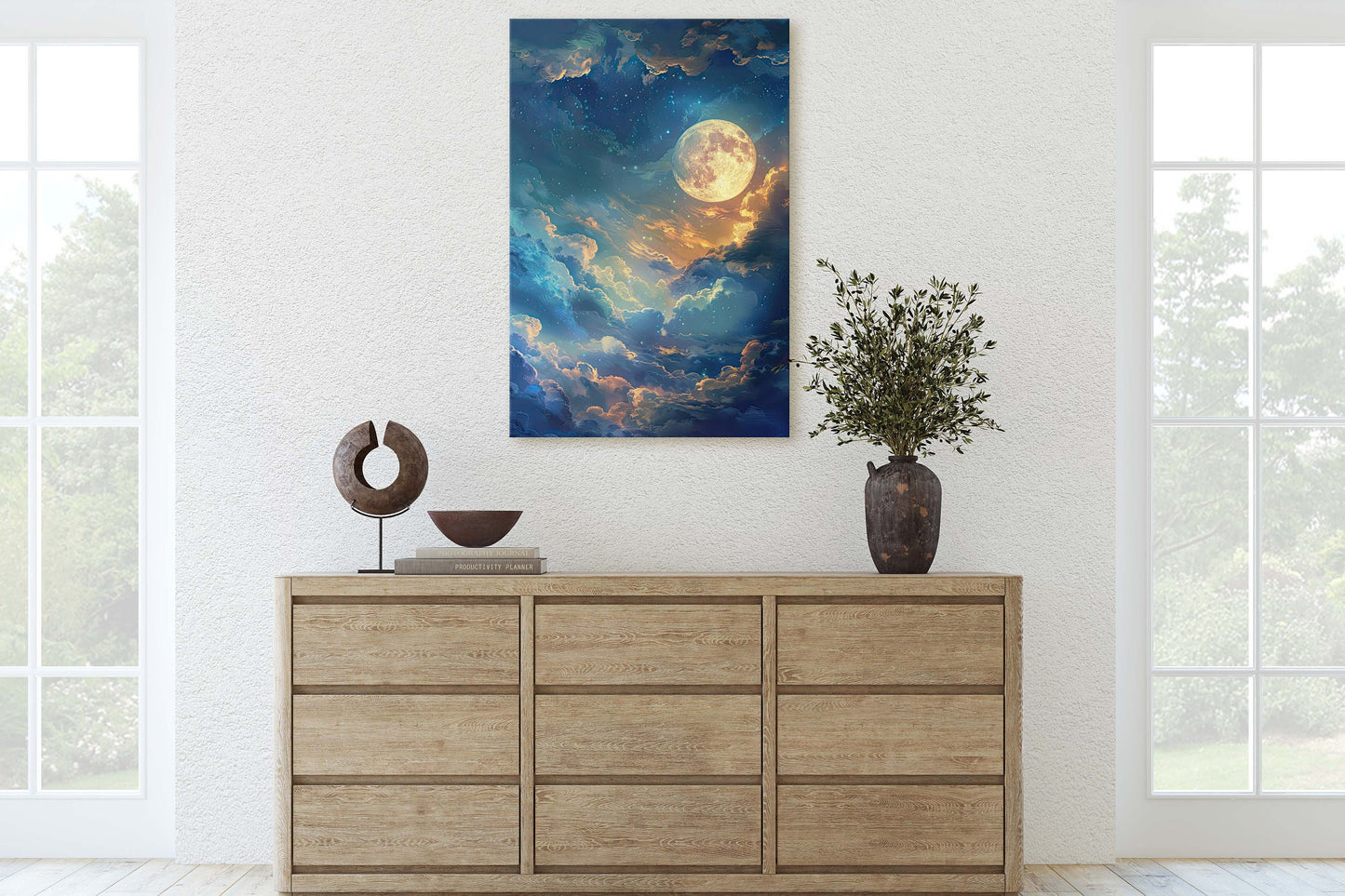 Cloudy Moon Sky, Moonlit Night, Golden Night, Full Moon Painting, Celestial Art, Nature, Retro Style