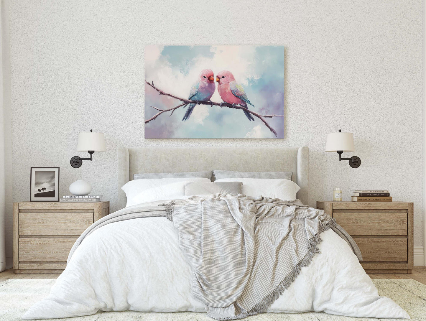 Love Birds, Love At First Sight, Bird Art Print, Pastel Colors, Blue Pink Purple