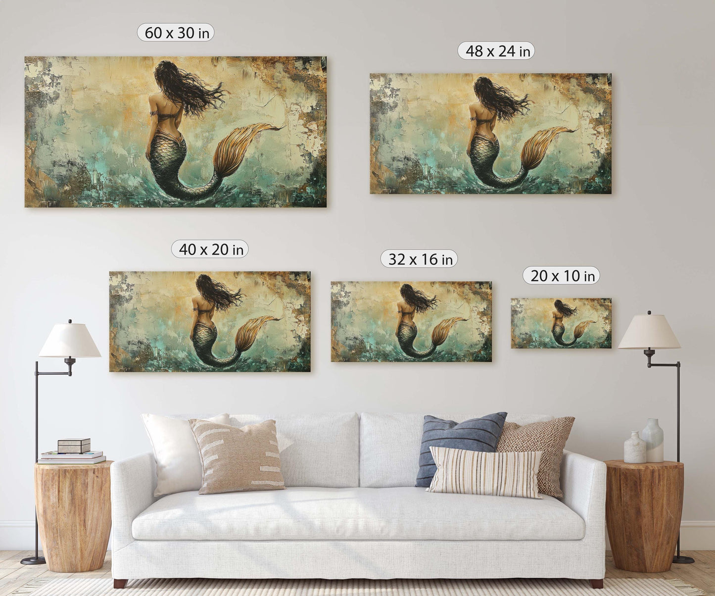 Rustic Mermaid, Faux metal art, Mythical Creature, Ocean Decor, Framed Canvas, Large Art print, Fantasy Painting