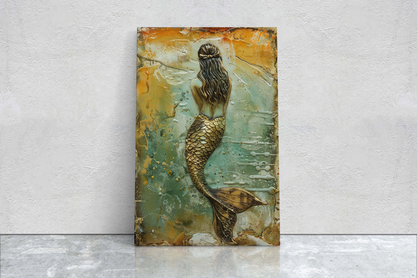 Rustic Mermaid, Faux metal art, Mythical Creature, Ocean Decor, Framed Canvas, Large Art print, Fantasy Painting
