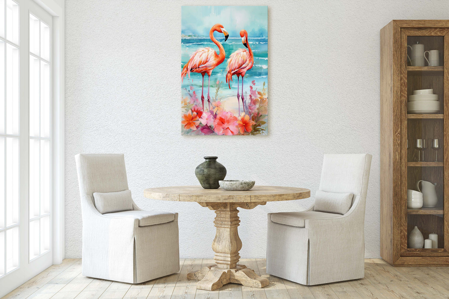 Flamingo Flowers on Canvas, Floral Bird, Beach Art, Framed Canvas, Tropical Art, Blue Water, Animal Print, Bird Lover, Vertical Portrait