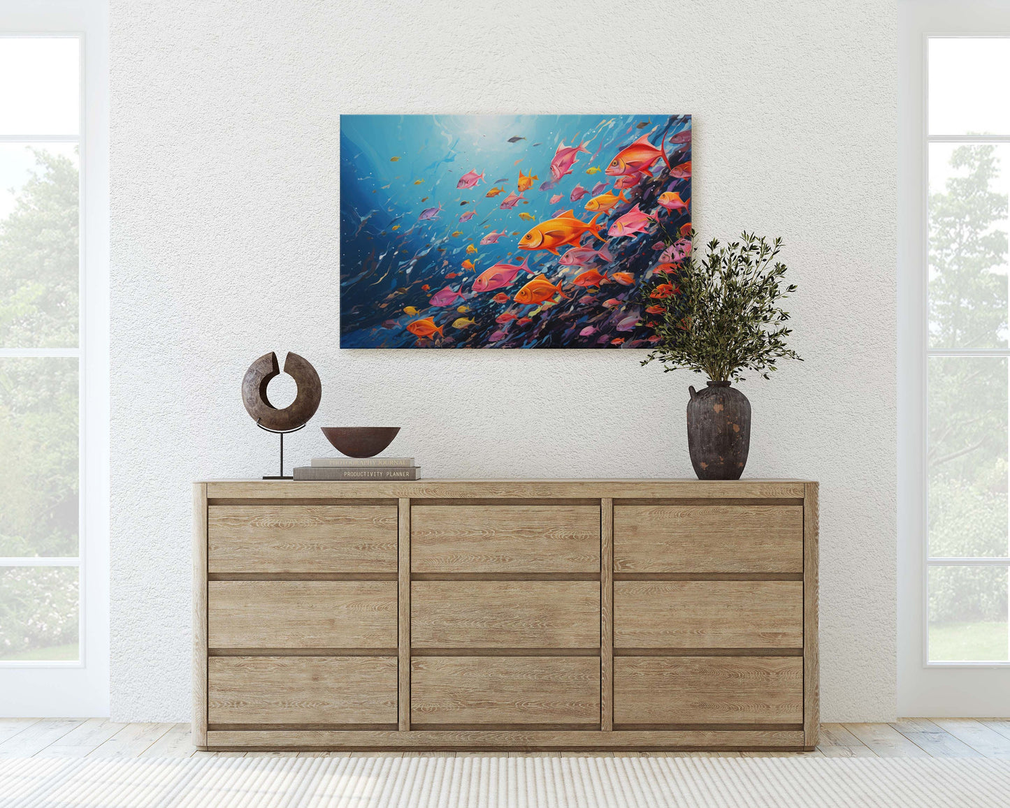 Fish School Painting, Canvas Wall Art, Abstract Blue Sea Painting, Boho Wall Décor, Custom Painting, Home Decor,Large Original,Framed Canvas