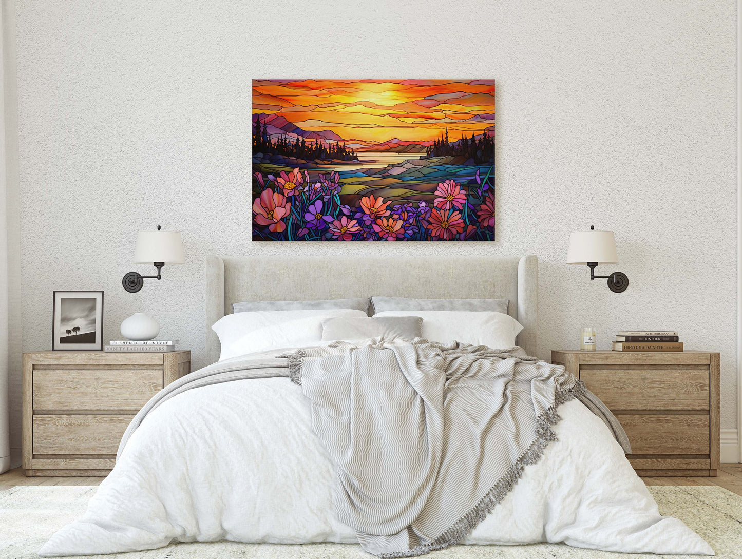Stained Glass Painting, Faux Stained Glass, Sunset Flowers, Sunrise Field, Mountain Landscape, Framed Canvas, Vivid Colorful