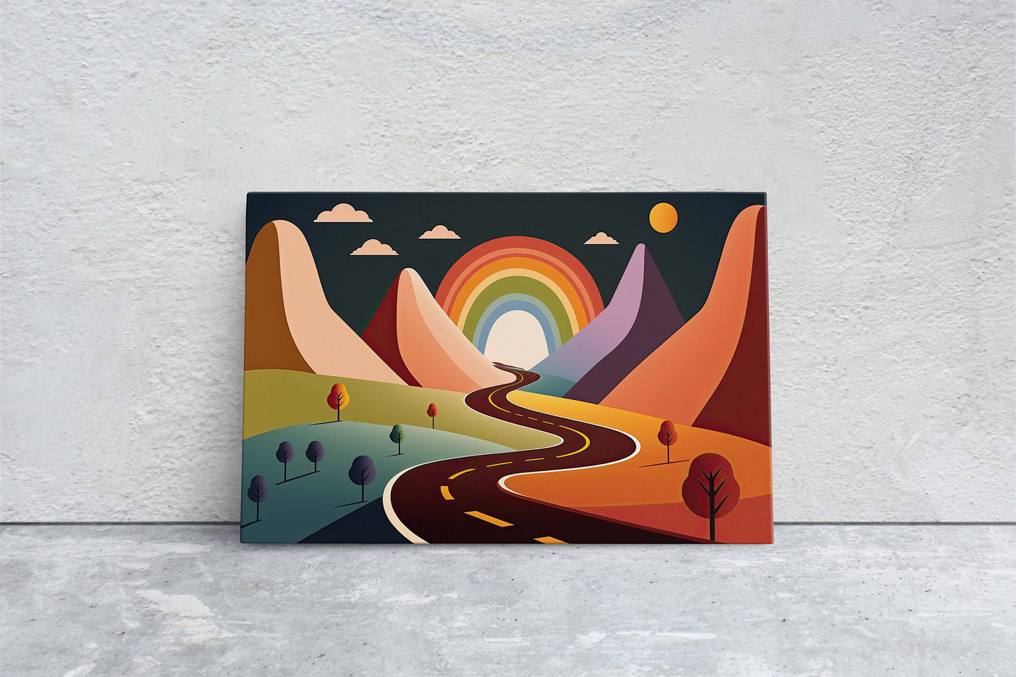 Rainbow Road, Colorful mountain, Minimalist, Canvas Art Large Print, Oil Painting, Landscape, Cartoon, Bold Illustration, Joyful