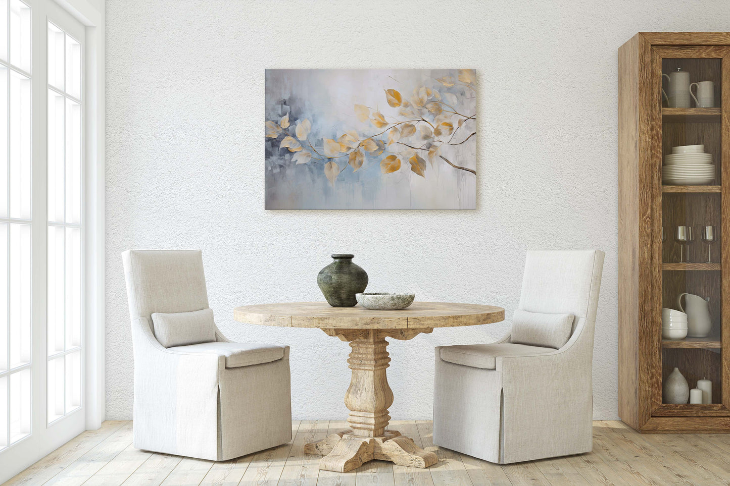 Golden Leaves Rain, Floral Art Painting, Contemporary Canvas, Large Print, Framed Canvas, Neutral Color, Gray and Gold, Blue Tones
