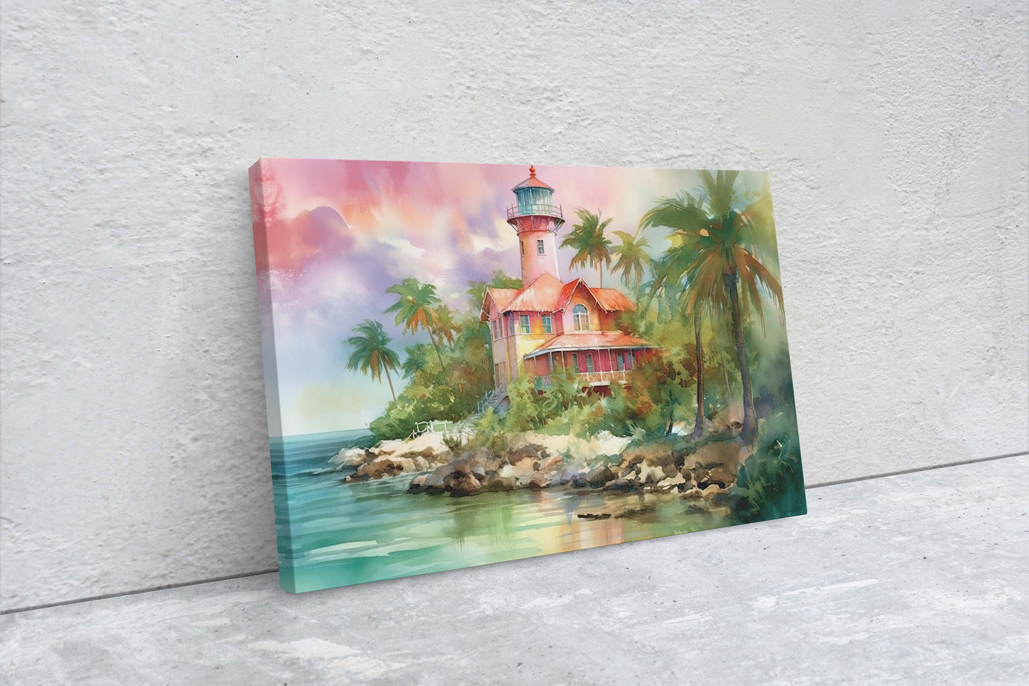 Pink Lighthouse On Canvas, Ocean Painting, Beach House, Watercolor, Palm Trees, Coastal Art, Coastline Villa, Framed Canvas