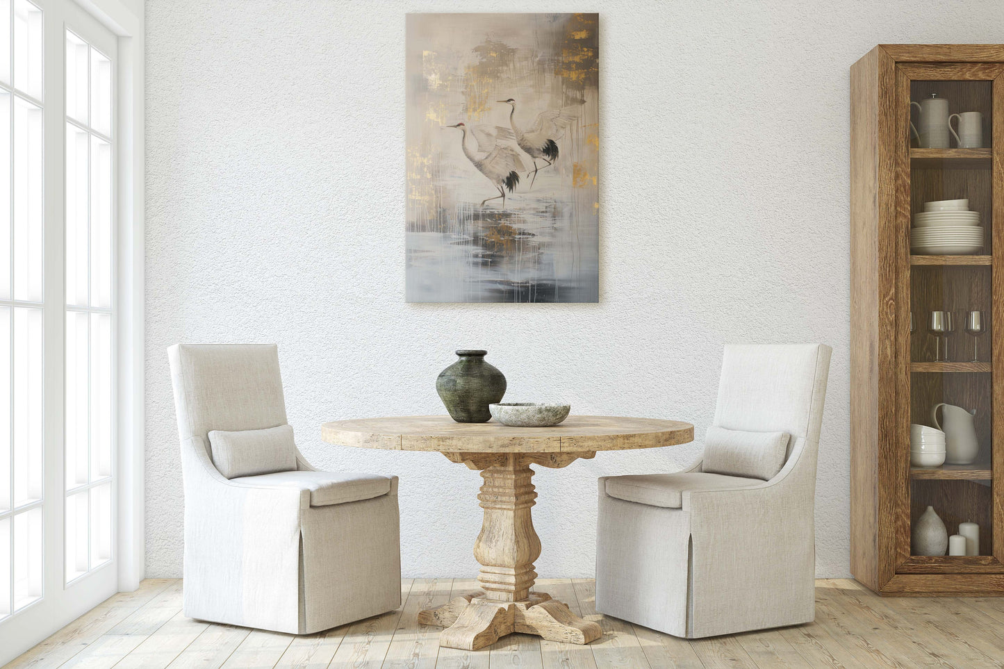 Gold Japanese Cranes, Gold and Beige, Minimalist Art, Heron Decor, Framed Canvas, Japandi Print, Extra Large, Neutral Tones