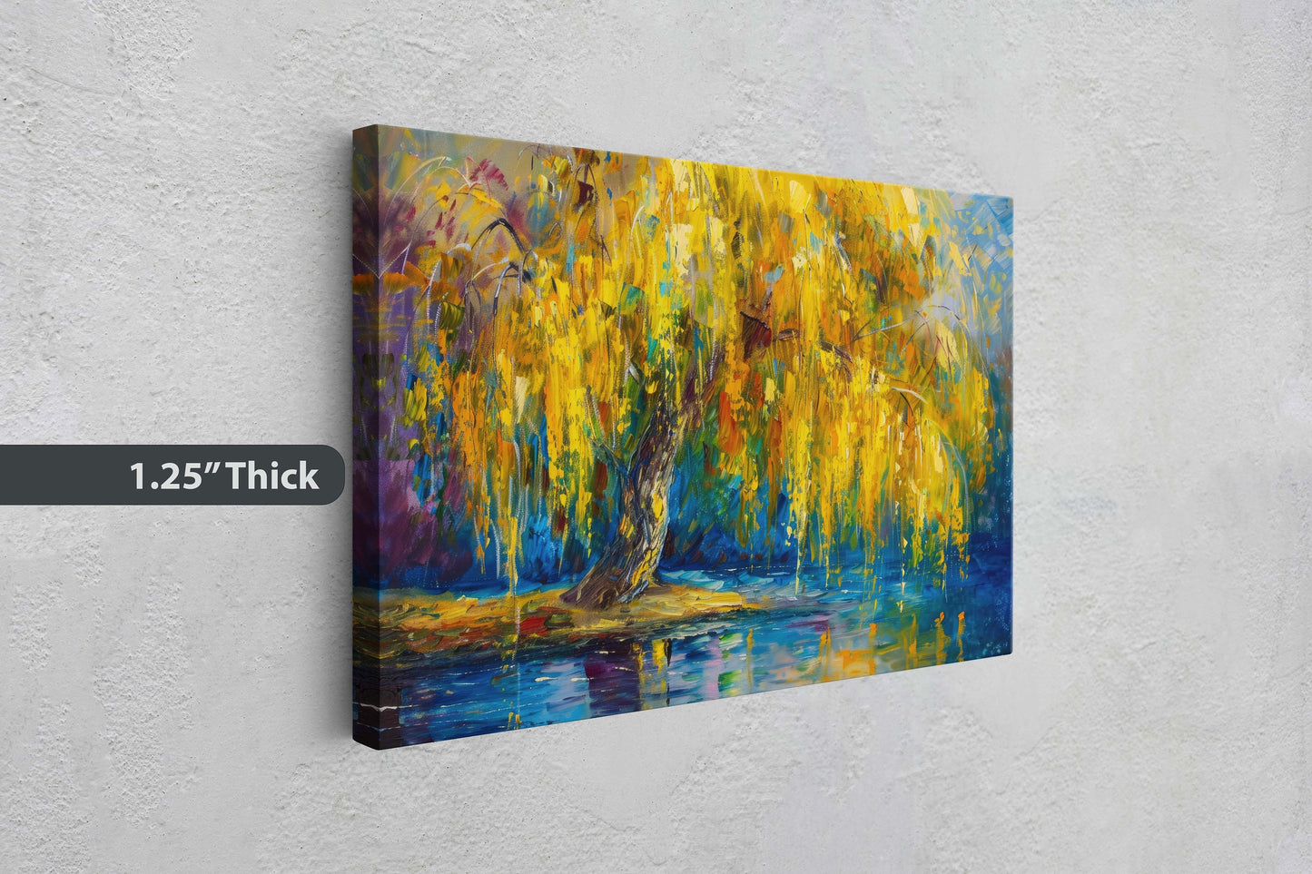 Golden Willow, Weeping Willow, Abstract Modern, Framed Canvas, Large Art Print, Gold and Blue, Tree Painting, Floral Botanical