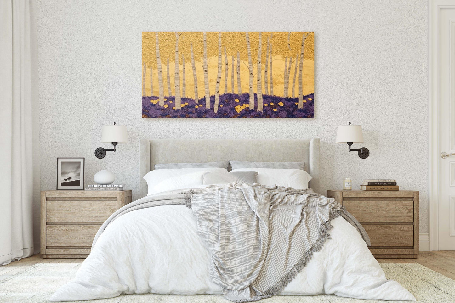 Abstract Aspen Trees, Trees on Canvas, Autumn Forest, Yellow Gold, Framed Canvas