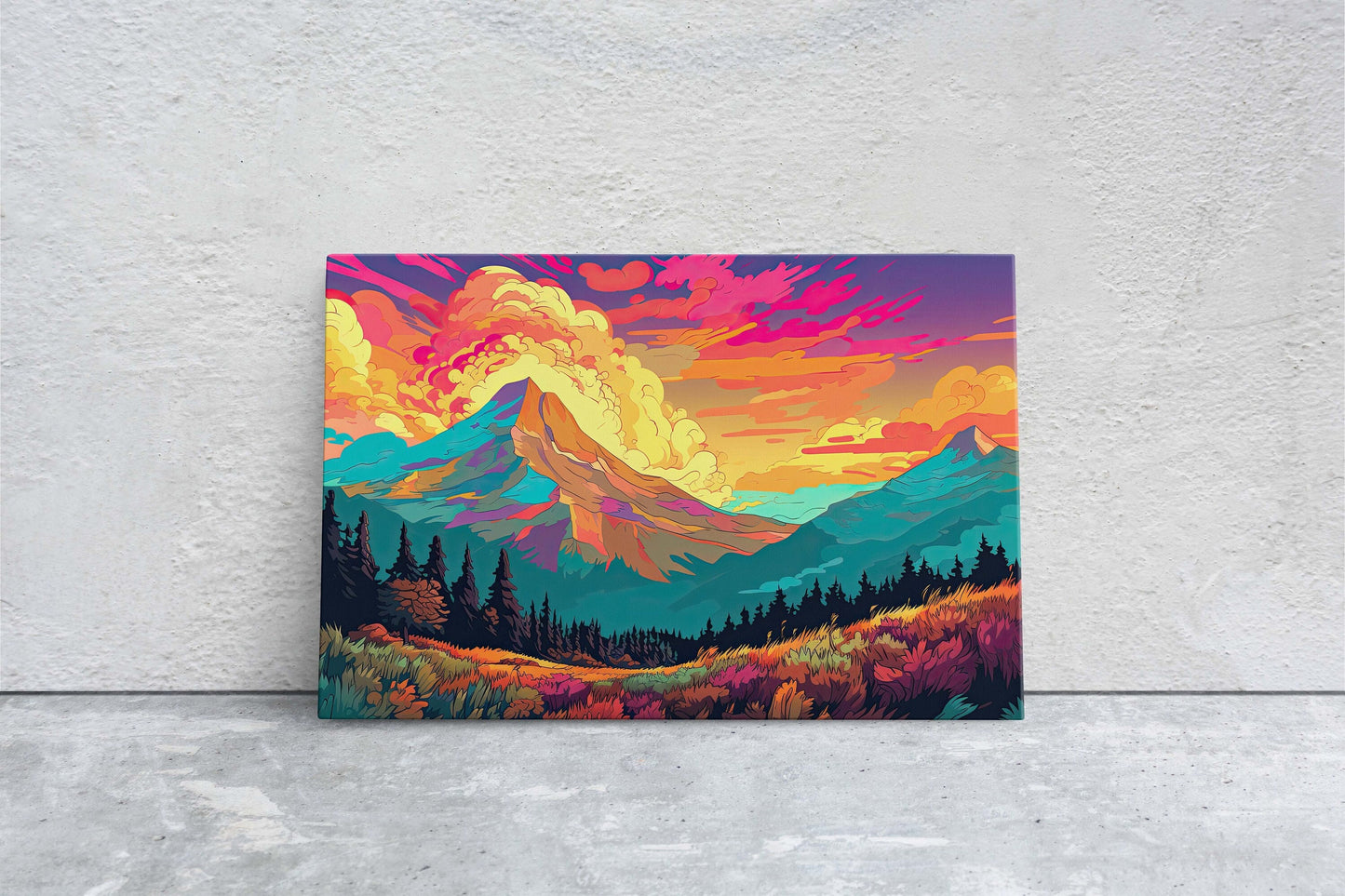 Vibrant Mountains, Colorful Illustration, Bold Colors, National Park, Framed Canvas, Cel Shading, Landscape Drawing, Toon Shading