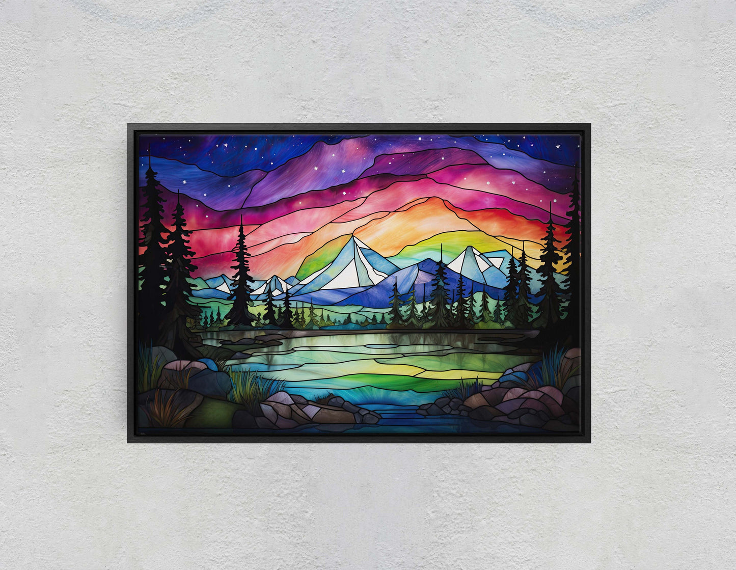 Aurora Borealis, Painting Night, Moon Mountains, Mountain Landscape, Framed Canvas, Cold Mountains, Snow Peaks