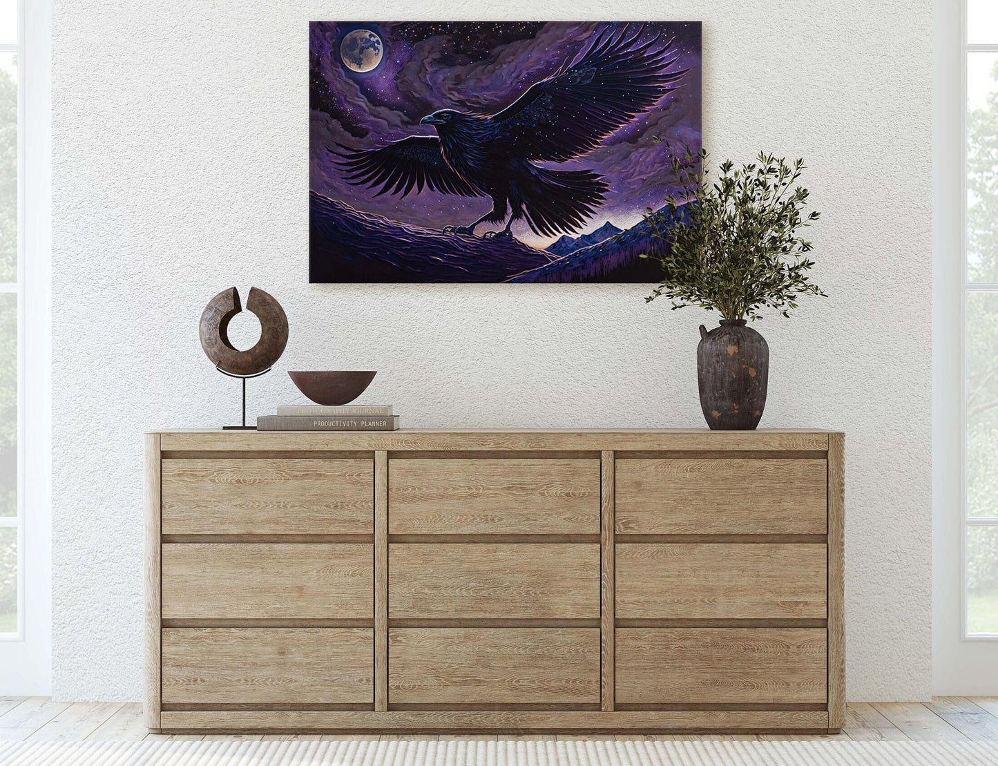 Raven Purple, Night Sky, Abstract Surreal, Ready to Hang, Large Print, Celestial Crow, Bird Painting, Bird Portrait, Moody, Inspiring, Dark