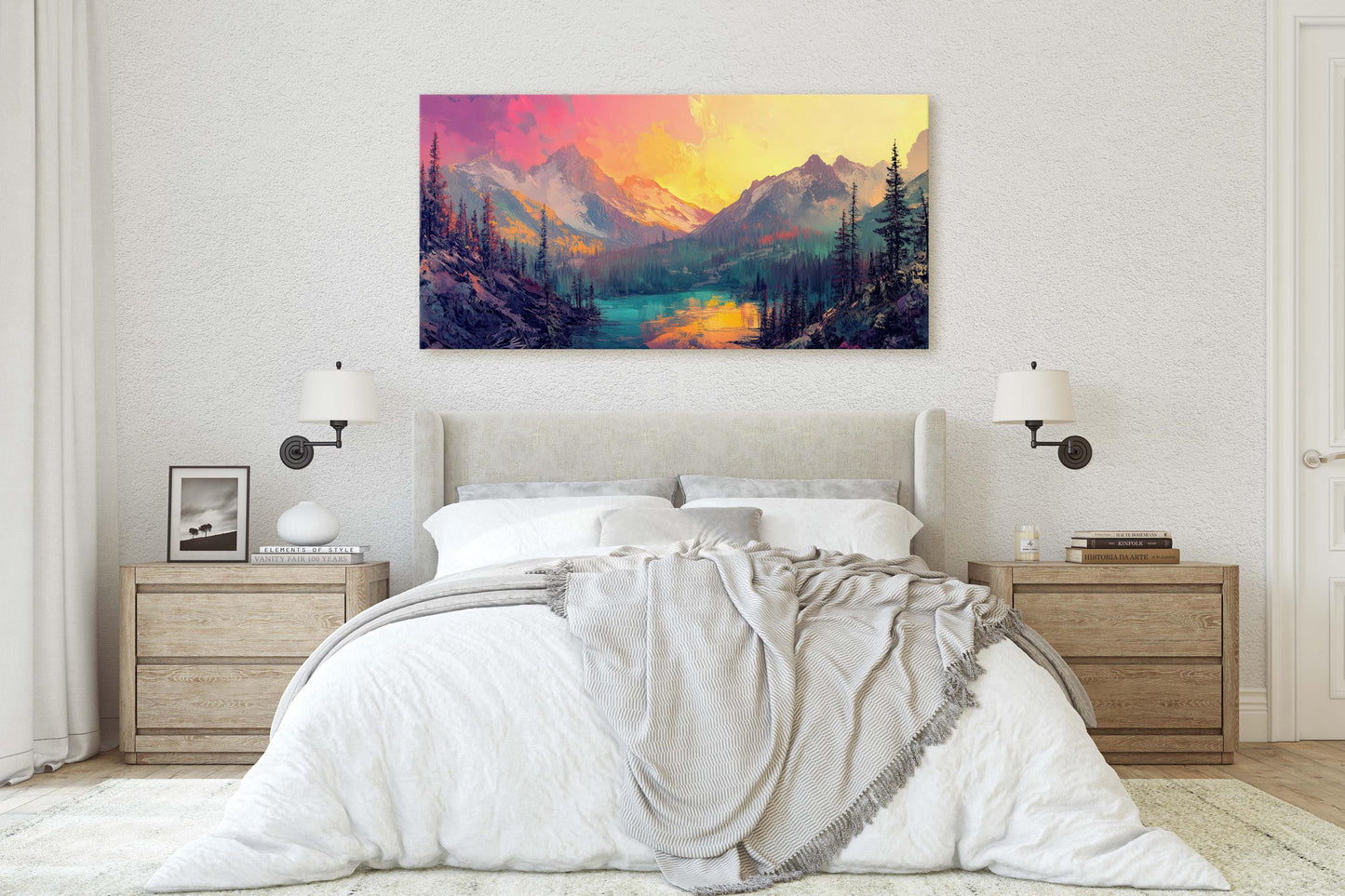 Colorful Mountain Sunrise On Canvas, Smoky Forest, Foggy Mountains, Vibrant Color, Abstract Art