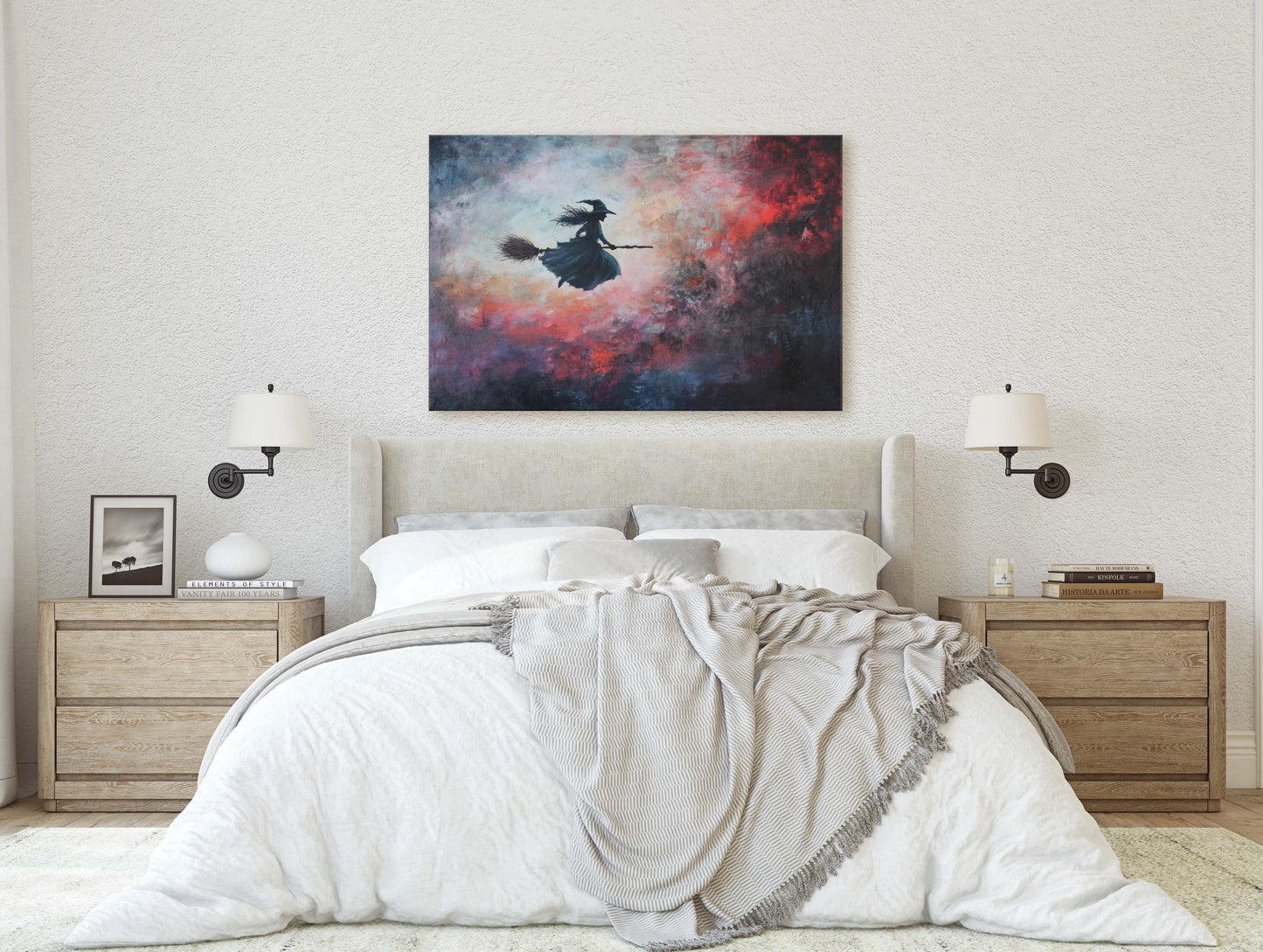 Flying Witch, Witch on Broomstick, Whimsical Decor, Full Moon, Halloween Art, Cloudy, Fall Art, Colorful