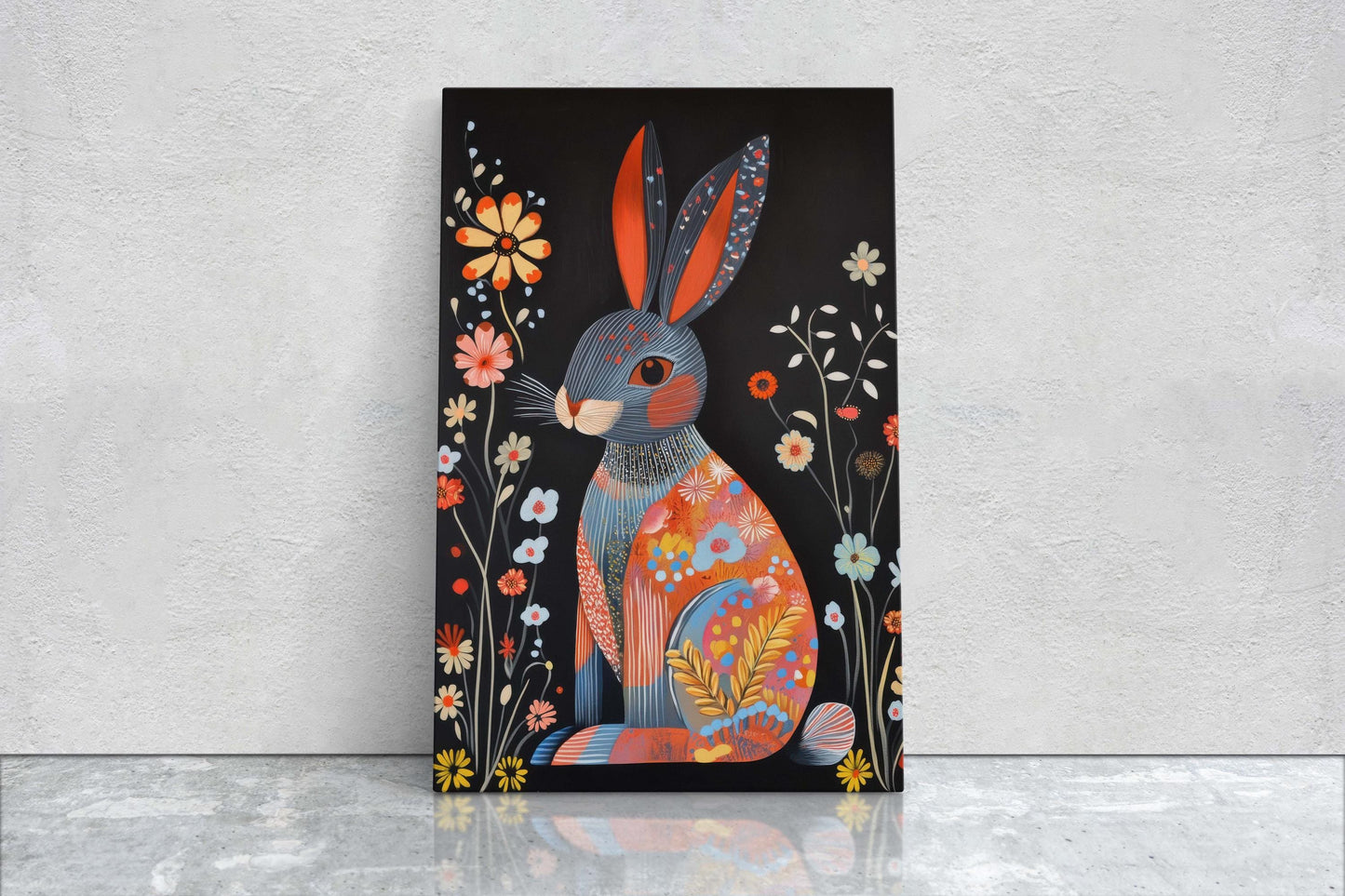 Scandinavian Rabbit, Folk Art, Celestial Art, Framed Canvas, Dark Print, Nature Print, Whimsical